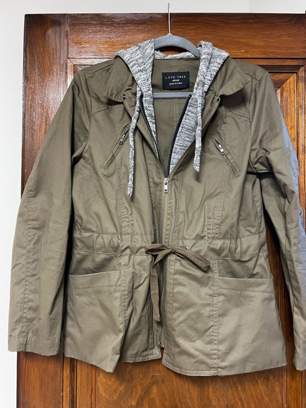Love Tree Olive Green Utility Jacket with Gray Knit Hood